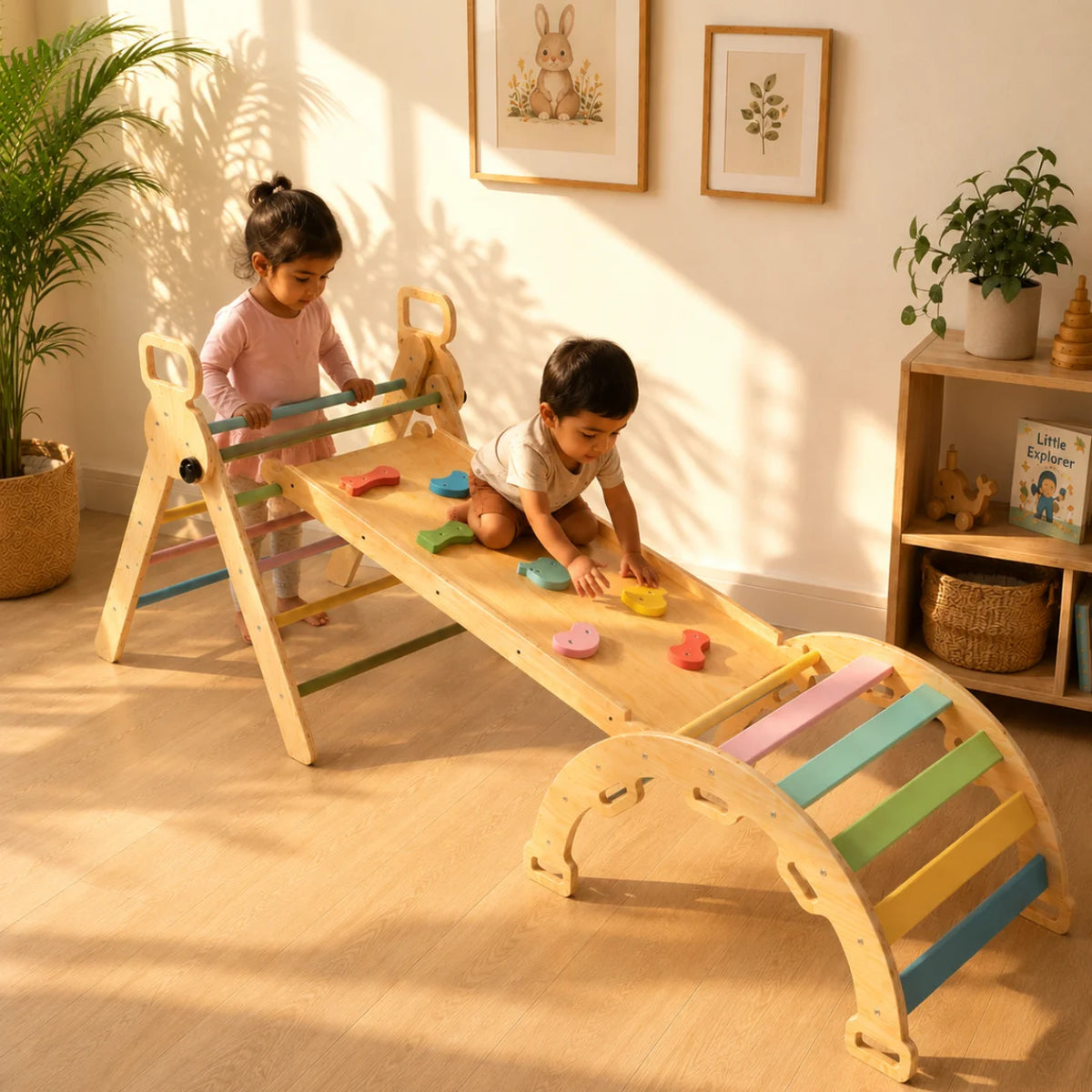 A wooden toddler climbing and sliding activity toy with colorful steps and handles, shown in a sunlit children's room with two young children playing on it.