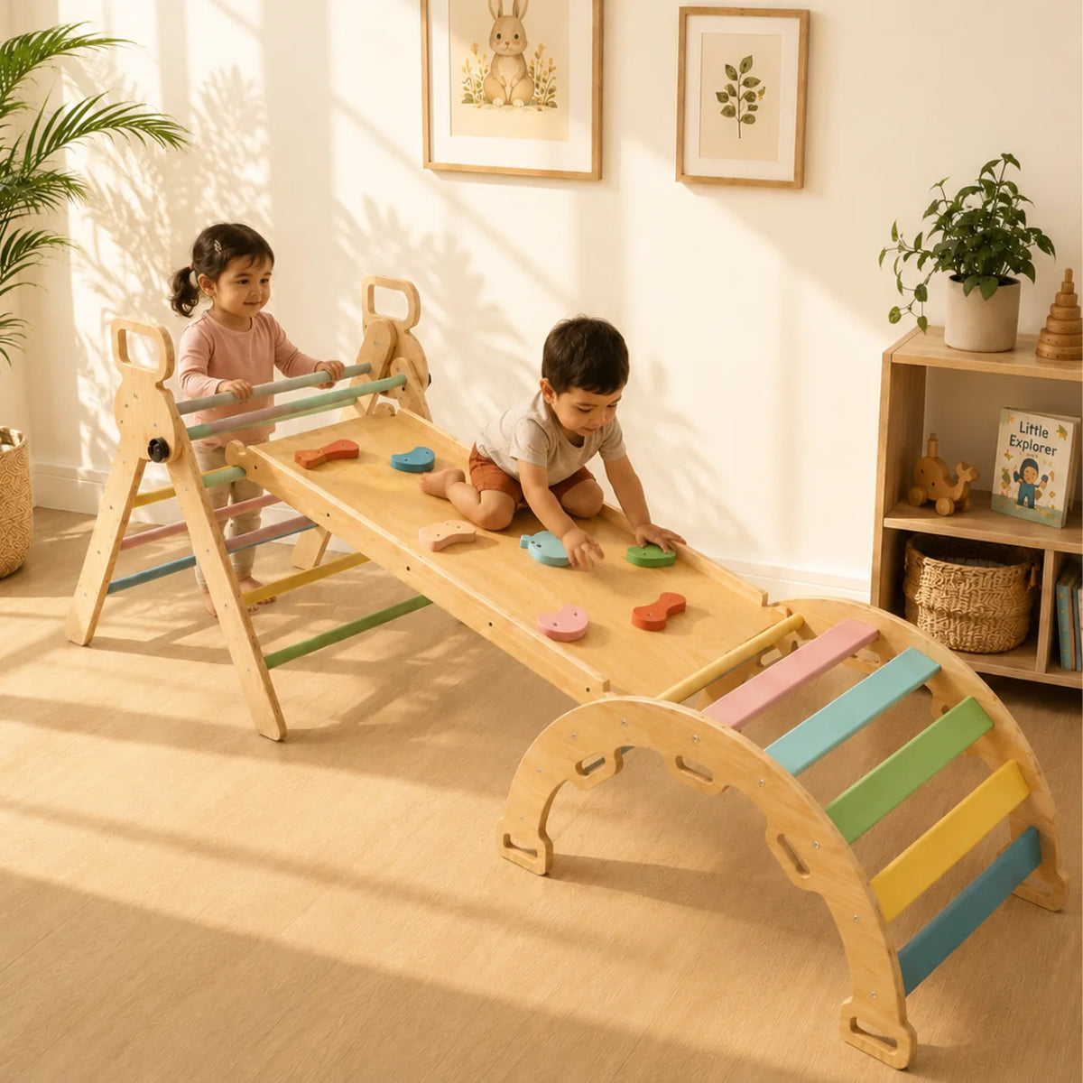 A wooden toddler activity gym with colorful rainbow steps, a climbing wall, and a balance board, shown in a bright nursery with two children playing on it.