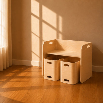 A light natural wood children's storage bench with two matching storage bins tucked underneath, placed in a sunlit room with warm beige walls and wood flooring.