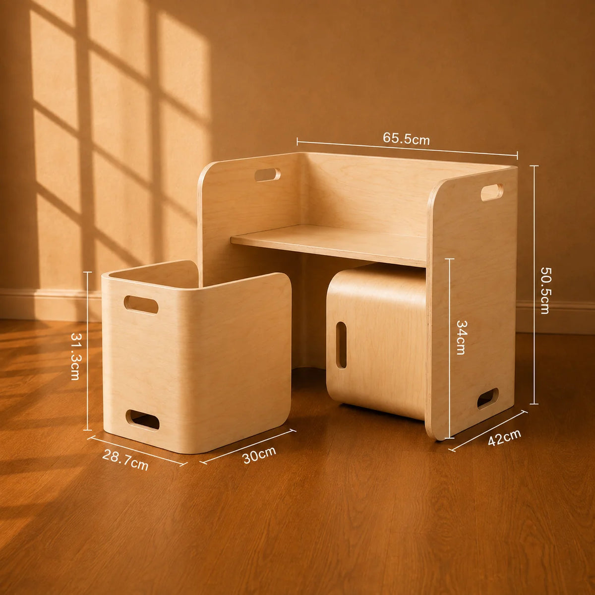 A light natural wood children's activity table set with two storage bins, shown in a sunlit room with dimension labels overlaid on the product.