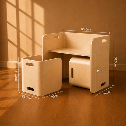A light natural wood children's activity table set with two storage bins, shown in a sunlit room with dimension labels overlaid on the product.