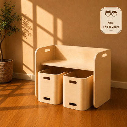 A light natural wood children's storage bench with two matching storage bins, shown in a warm sunlit room with a potted plant and wood floor. A small age badge reading 'Age: 1 to 8 years' appears in the top right corner.