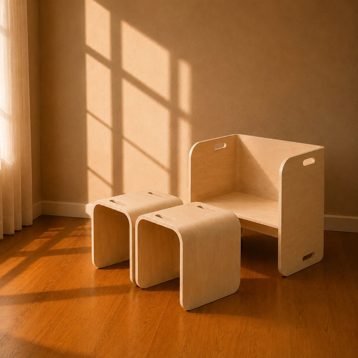 A light natural wood children's stool set with a tall backrest bench and two matching small stools, placed on a warm wood floor against a beige wall with sunlight and window shadows.