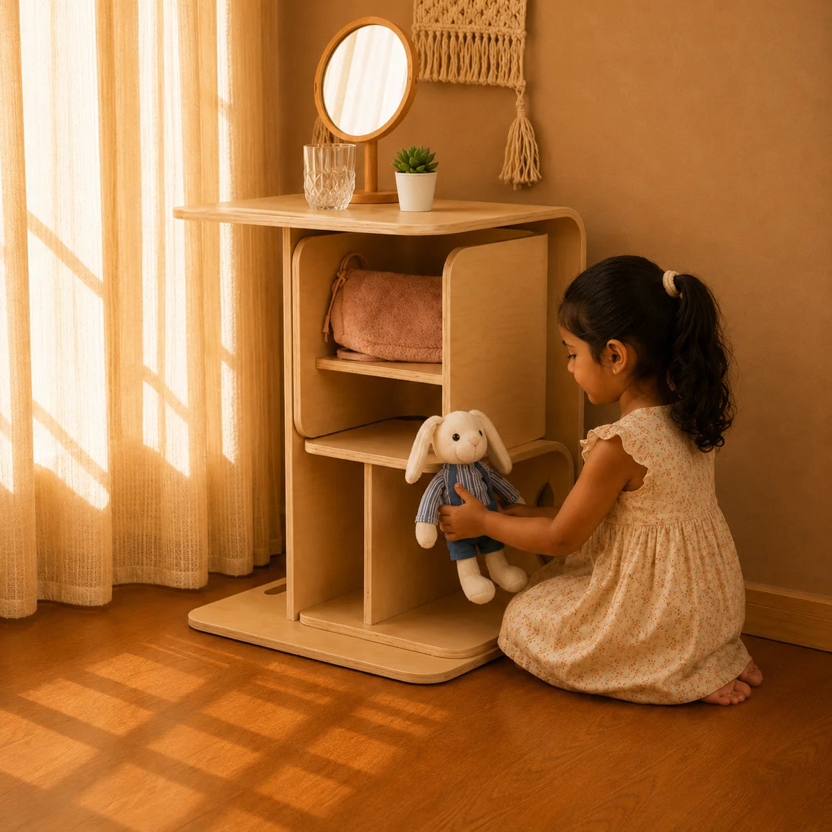 A young girl in a beige dress kneels on a wooden floor next to a light wood storage cabinet, holding a white bunny plush toy. The cabinet has open shelves, one holding a pink bag, and the top shelf has a small mirror and a plant.