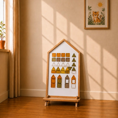 A young child kneels on a wooden floor next to a house-shaped sensory board, placing colorful geometric shapes into the slots. The scene is set in a warm, sunlit room with beige walls, a framed tiger illustration, and soft window shadows.