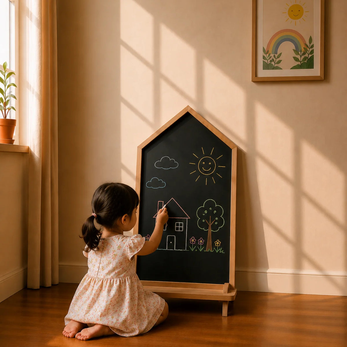 A house-shaped black chalkboard easel on a wooden stand in a sunlit room, with white dimension lines and text showing 97 cm height, 77 cm width, and 60 cm depth.