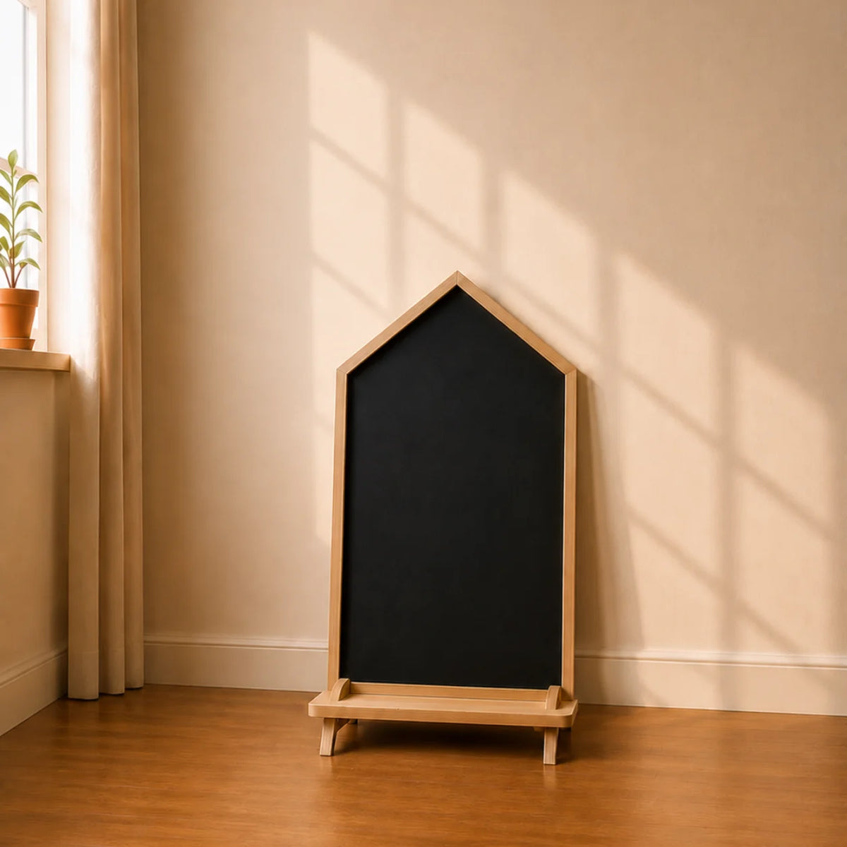 A house-shaped whiteboard with a light wood frame stands on a wooden floor against a beige wall, with warm sunlight casting windowpane shadows on the wall.