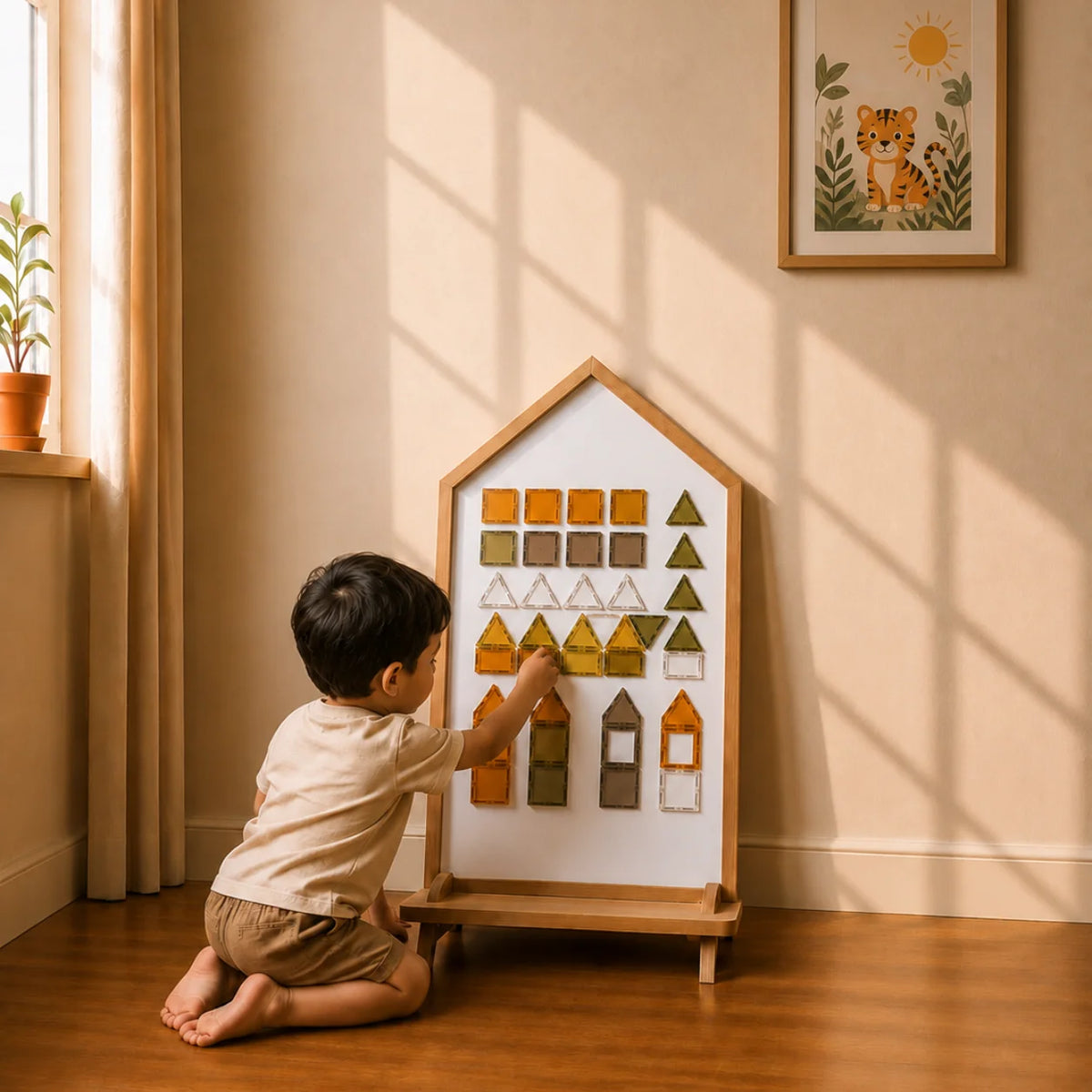 A young child kneels on a wooden floor in a sunlit room, writing on a house-shaped black chalkboard. The room has warm beige walls, window shadows, a framed rainbow print, and a potted plant.