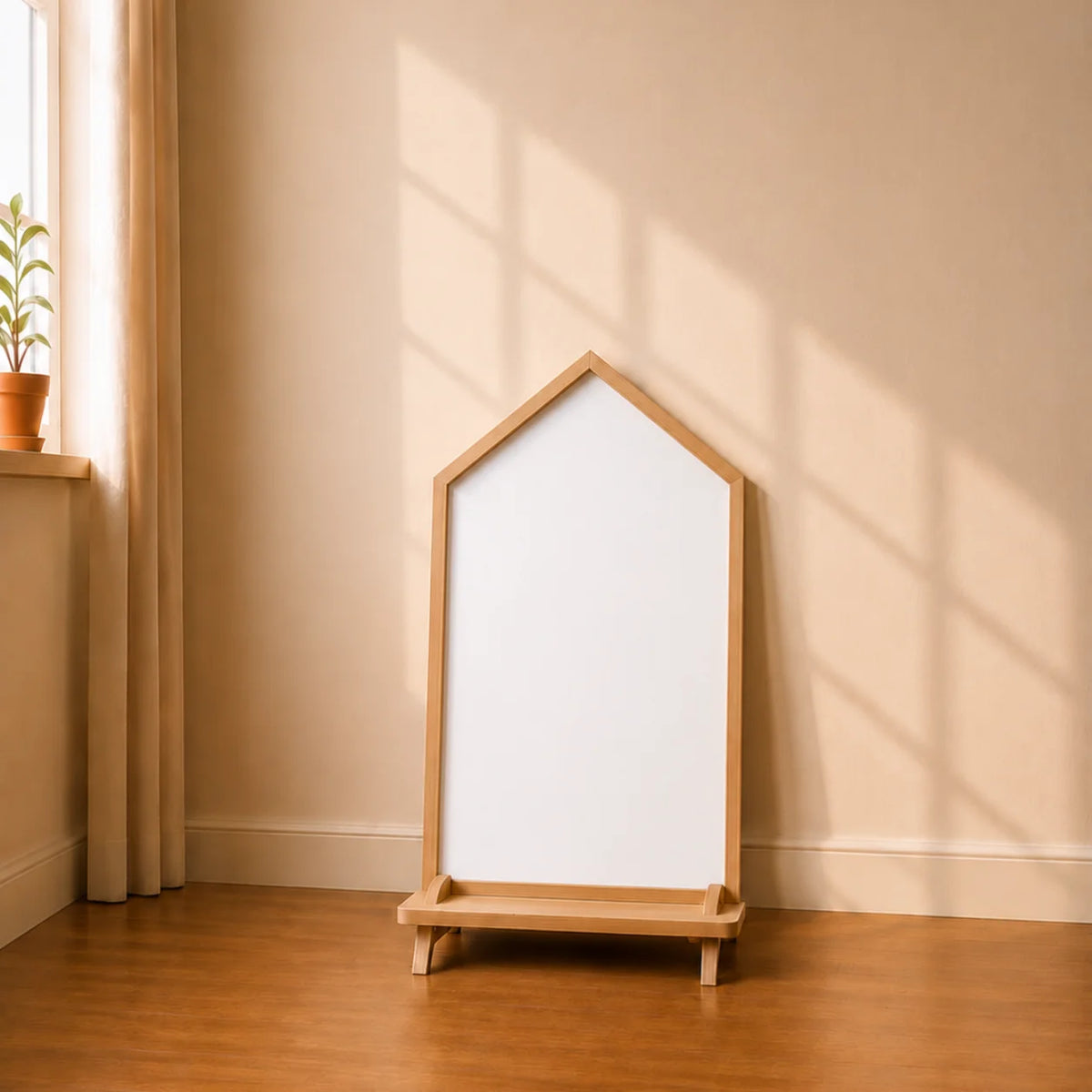 A house-shaped black chalkboard easel on a wooden stand in a sunlit room, with white dimension lines and text showing 97 cm height, 77 cm width, and 60 cm depth.