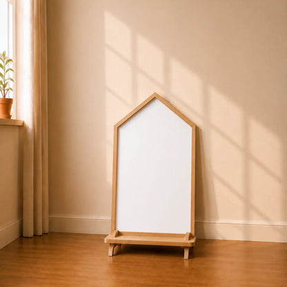 A house-shaped black chalkboard easel on a wooden stand in a sunlit room, with white dimension lines and text showing 97 cm height, 77 cm width, and 60 cm depth.