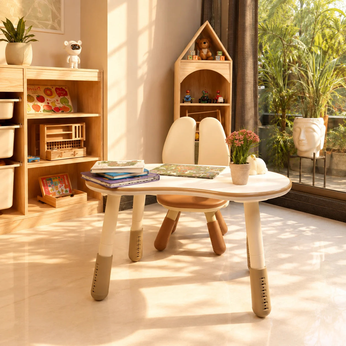 A cream-colored dual-seat child's chair with padded backrests, armrests, and adjustable legs, shown in a softly lit room with a plant and framed wall art.