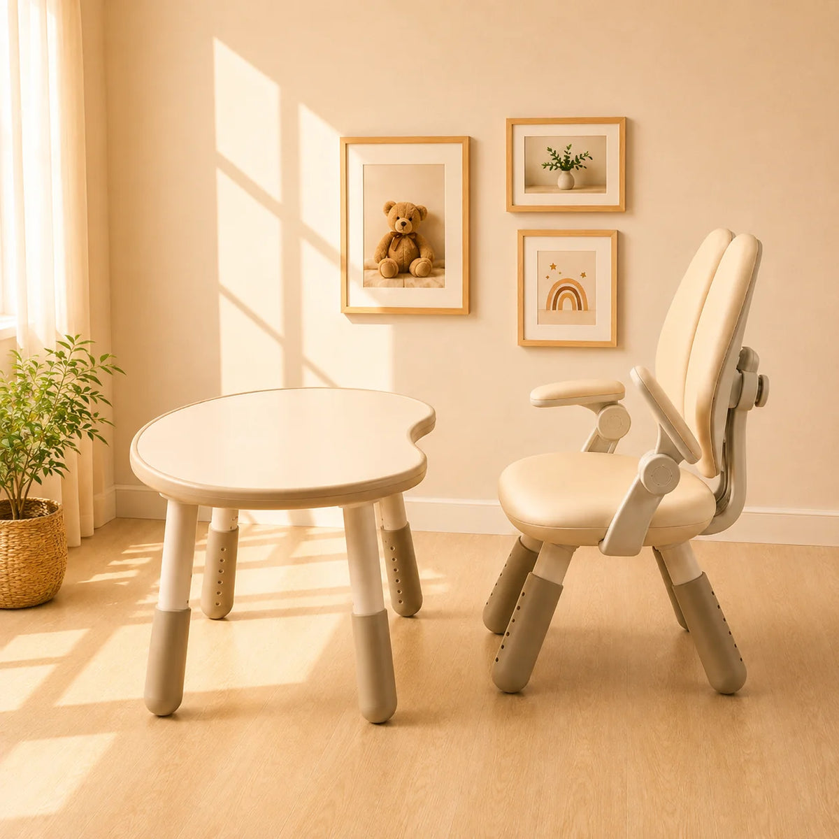 A children's small oval table and matching chairs set in a bright, modern room with warm sunlight and shadows. The furniture is cream and light beige with gray accents on the legs.