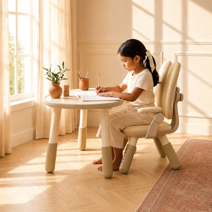 A young girl sits barefoot at a small round writing desk, using a beige ergonomic chair in a bright, warm-toned room with framed wall art and potted plants.