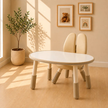 A white curved children's table with adjustable legs shown in a room setting, with overlaid dimensions for width and height and a height adjustment guide on the right showing recommended heights for different ages.
