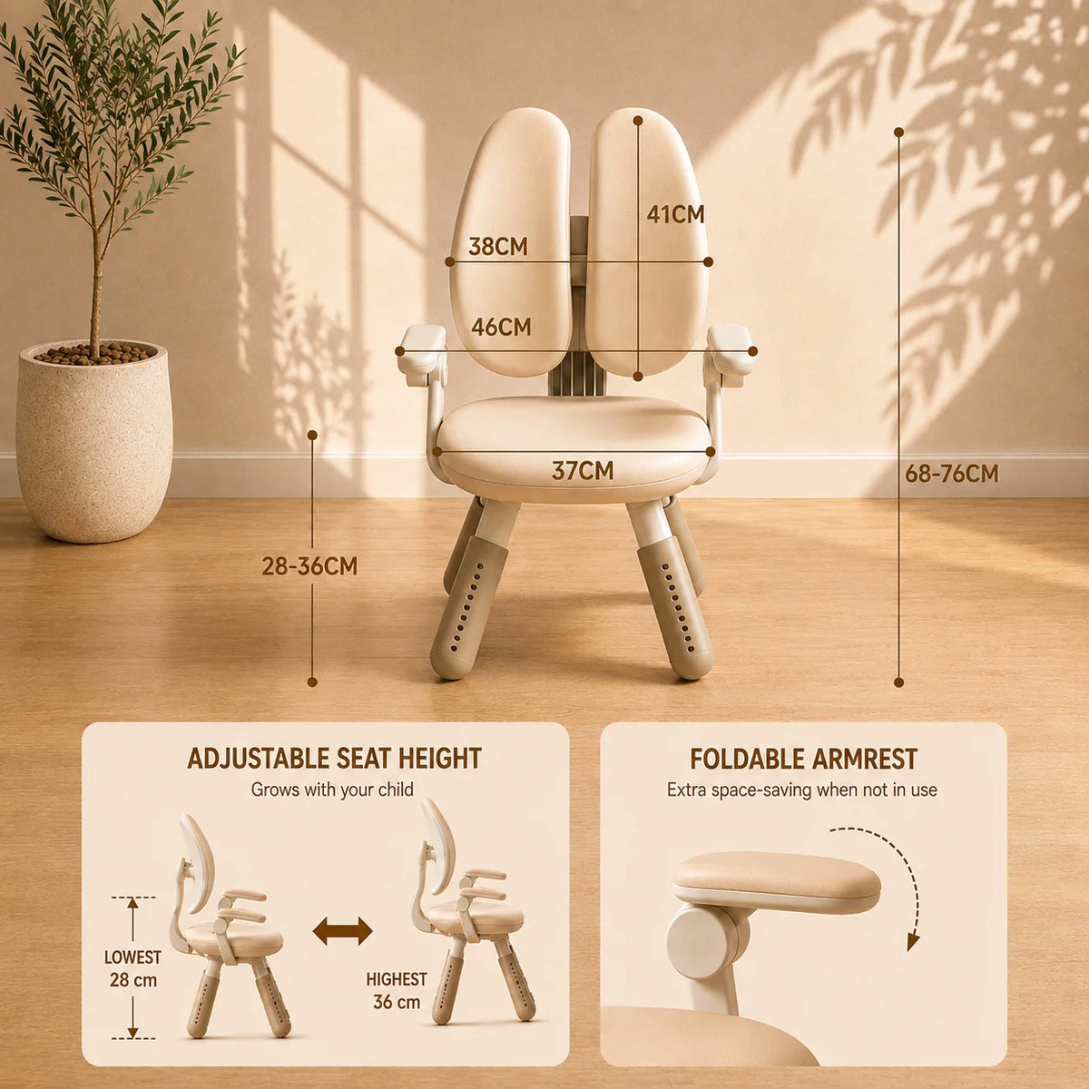 An ergonomic child's dual-seat height-adjustable chair shown in a warm beige room with dimension callouts and feature callouts. The top section shows the chair with measurements for seat and back heights, while the bottom section contains two panels explaining adjustable seat height and foldable armrest.