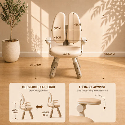 An ergonomic child's dual-seat height-adjustable chair shown in a warm beige room with dimension callouts and feature callouts. The top section shows the chair with measurements for seat and back heights, while the bottom section contains two panels explaining adjustable seat height and foldable armrest.