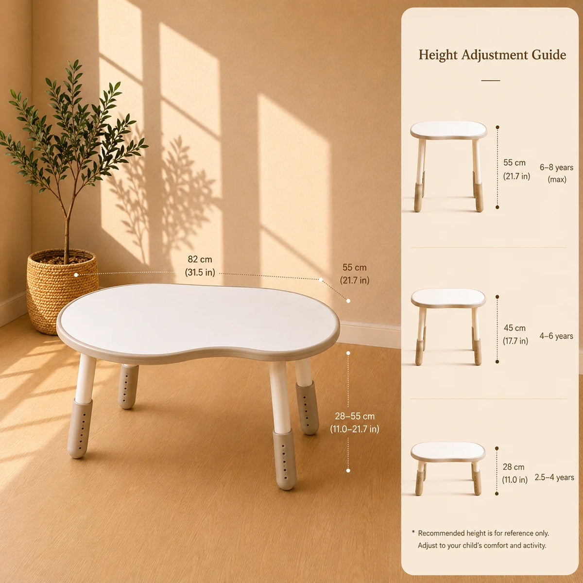 A children's height-adjustable table with a rounded rectangular top and tapered legs, shown in a warm beige room with sunlight and a plant. A vertical guide on the right lists recommended heights for ages 6-8, 4-6, and 2.