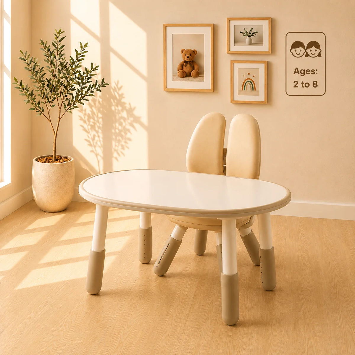 A children's dining set consisting of an oval white table and two matching high-back chairs with beige backs and light gray legs, styled in a warm, sunlit room with a potted plant and framed wall art.