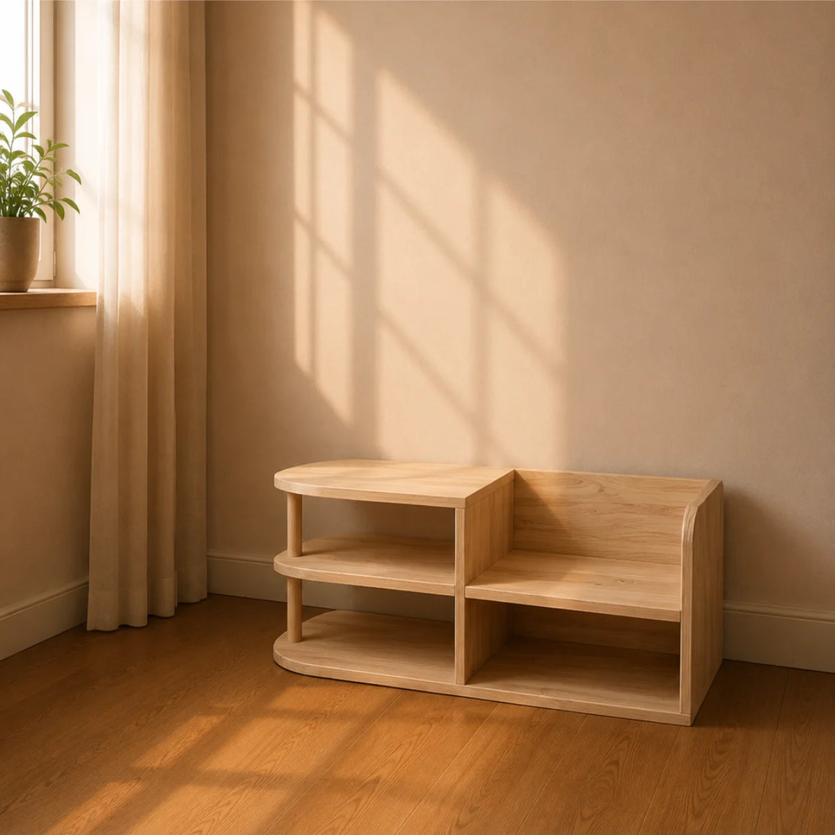 A light natural wood two-tier storage shelf with curved sides, placed in a minimalist room corner with beige walls, warm sunlight streaming in, and a small potted plant on a windowsill.