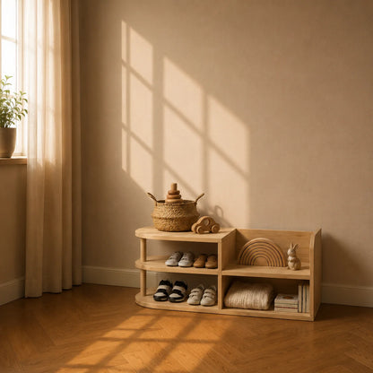 A light natural wood children's shoe shelf with three tiers and open cubbies, styled with toys, shoes, and books in a sunlit room with warm sunlight and shadows on the wall and floor.
