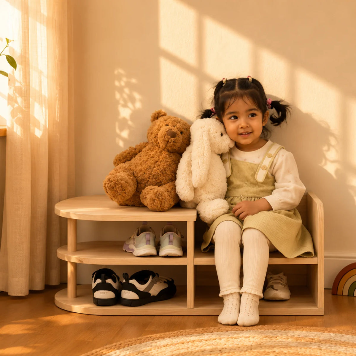 A young girl with pigtails sits on a light wood shoe bench in a warm, sunlit room. The bench holds a brown teddy bear and a white plush toy on top, with several pairs of shoes on the shelves.