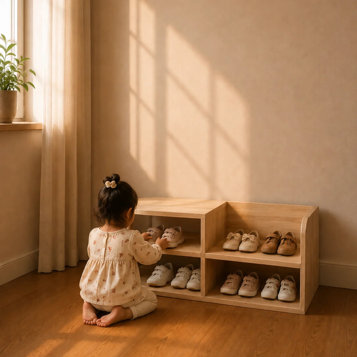 A young child kneels on a wooden floor next to a light wood shoe organizer shelf filled with children's shoes, in a warm sunlit room with beige walls and curtains.