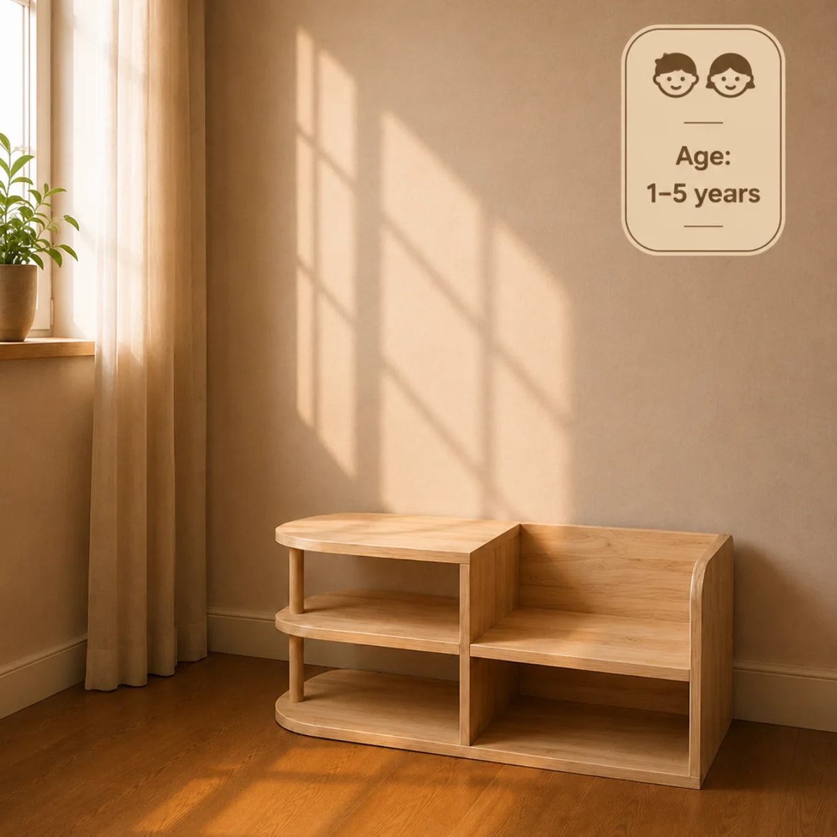 A light natural wood children's shelf with two tiers and curved sides, placed in a sunlit room corner with a window, curtain, plant, and wooden floor. A cream badge in the upper right reads 'Age: 1-5 years'.