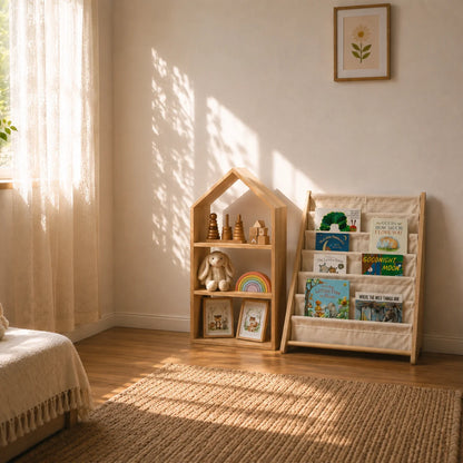 A beautifully styled Montessori-inspired kids’ room featuring a natural wooden house-shaped bookshelf alongside a wooden fabric book display rack. 