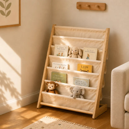 A wooden A-frame bookshelf with cream fabric book pockets, styled in a warm, sunlit child's room next to a beige armchair. The shelves are filled with children's books and plush toys.