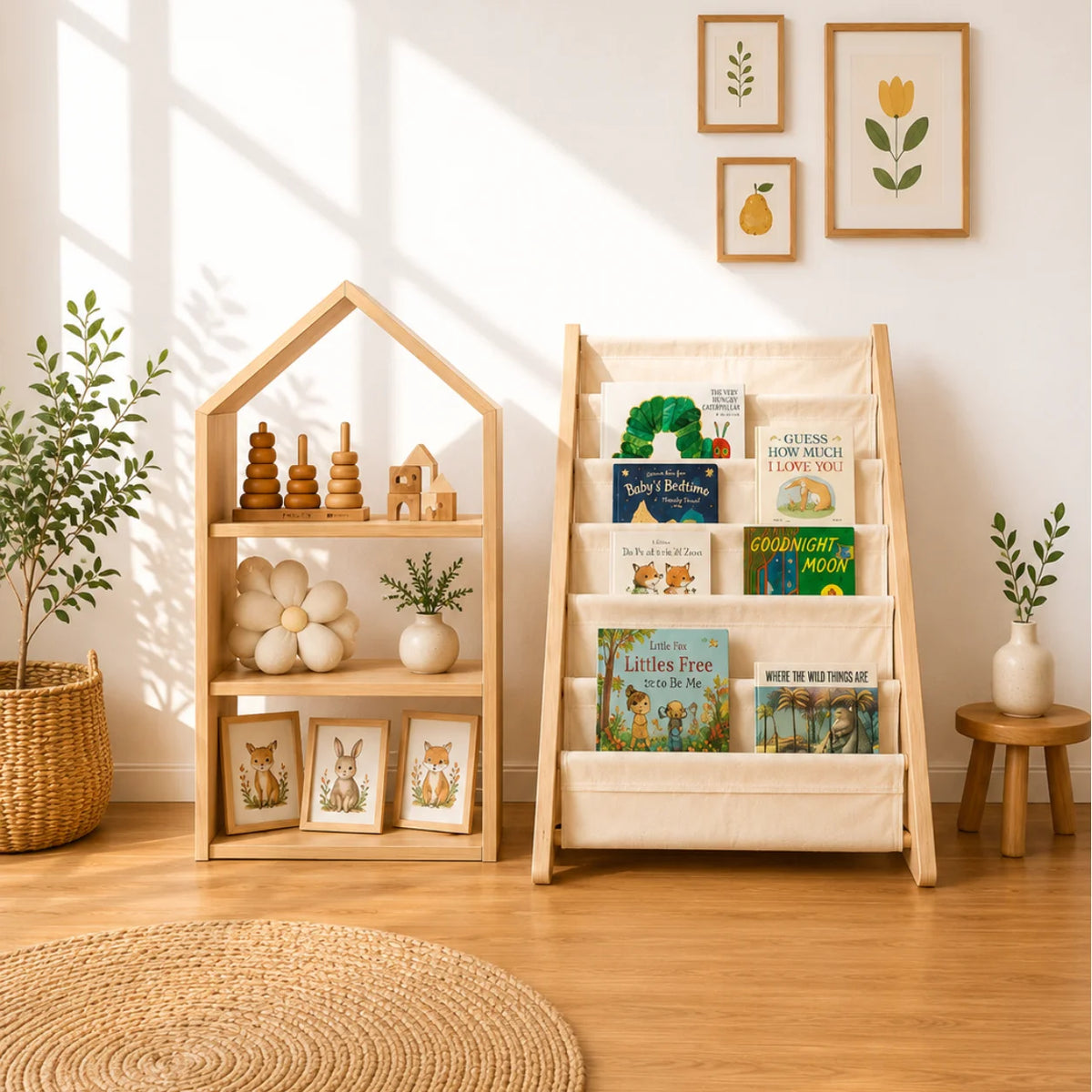 A young child in a cream dress stands beside a light wood house-shaped bookshelf and a fabric book rack in a bright nursery. The room has warm sunlight, wood floors, framed botanical wall art, potted plants, and a woven rug.