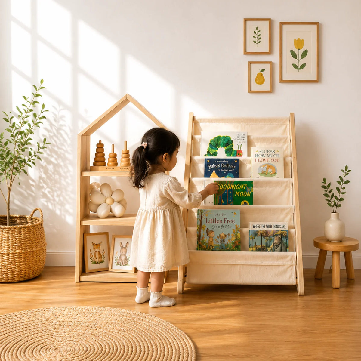 A light natural wood children's play set consisting of a house-shaped shelf on the left and a fabric-covered climbing ladder on the right, set against a warm beige wall with soft window shadows.