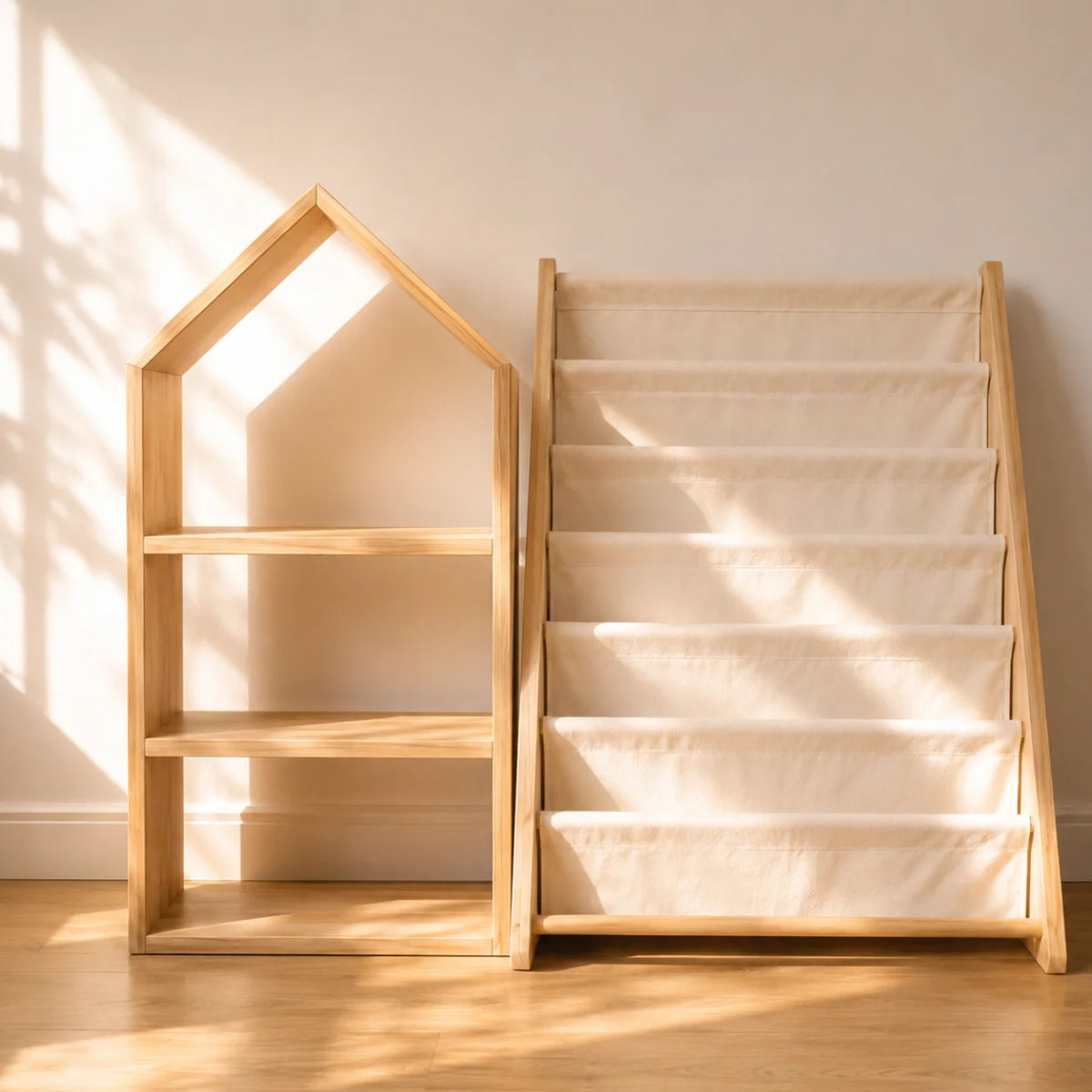 Two wooden children's furniture pieces in a sunlit room: a small house-shaped three-tier shelf on the left and a wide step book ladder with cream fabric panels on the right. White dimension lines and labels show 40 cm, 20 cm, 20 cm for the shelf and 80 cm for the ladder.
