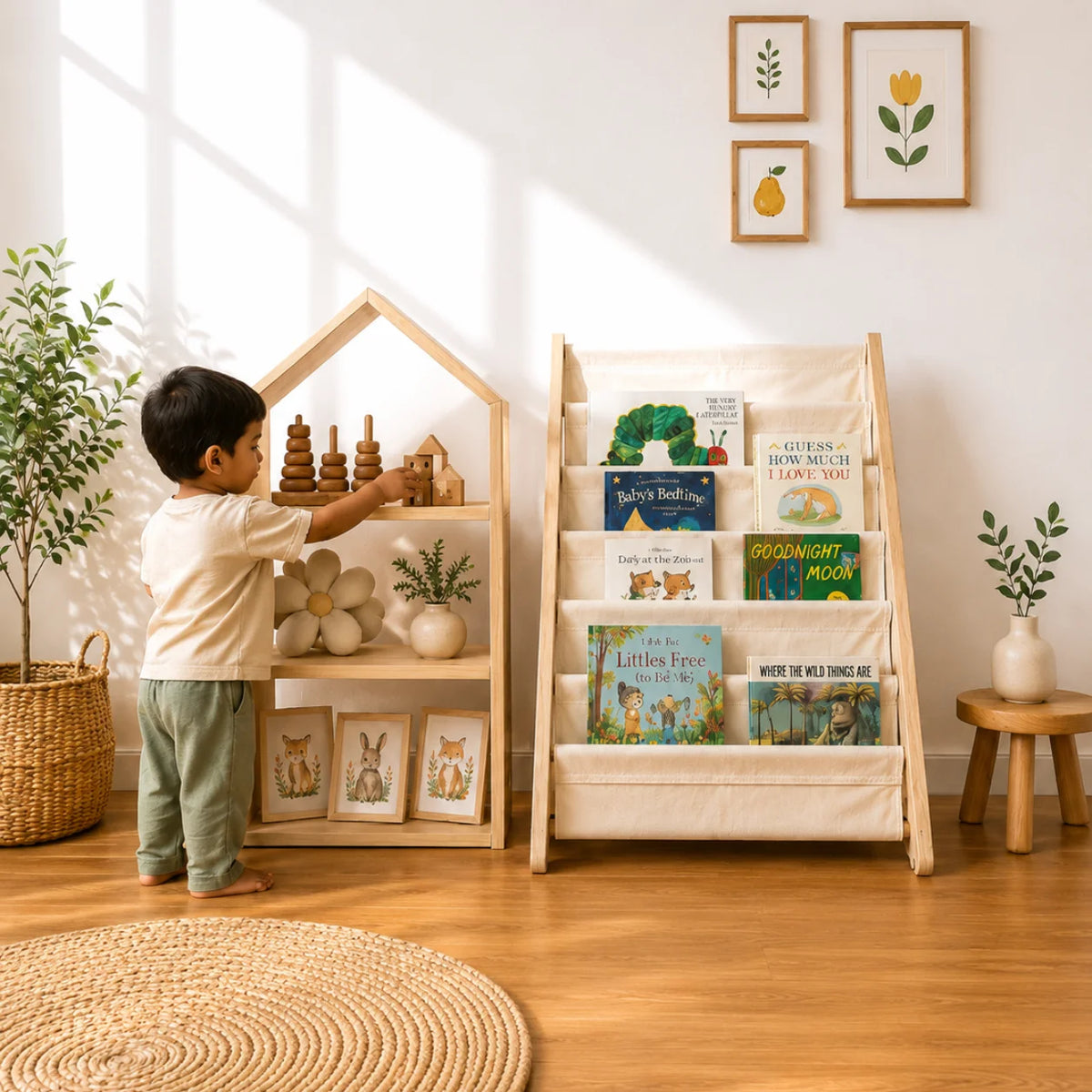 A child stands beside a small wooden house-shaped bookshelf and a fabric children's book ladder in a bright, sunlit nursery. The room has light wood floors, a woven rug, framed botanical wall art, and potted plants.