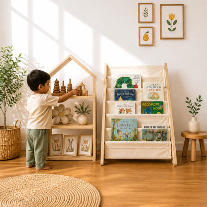 A child stands beside a small wooden house-shaped bookshelf and a fabric children's book ladder in a bright, sunlit nursery. The room has light wood floors, a woven rug, framed botanical wall art, and potted plants.