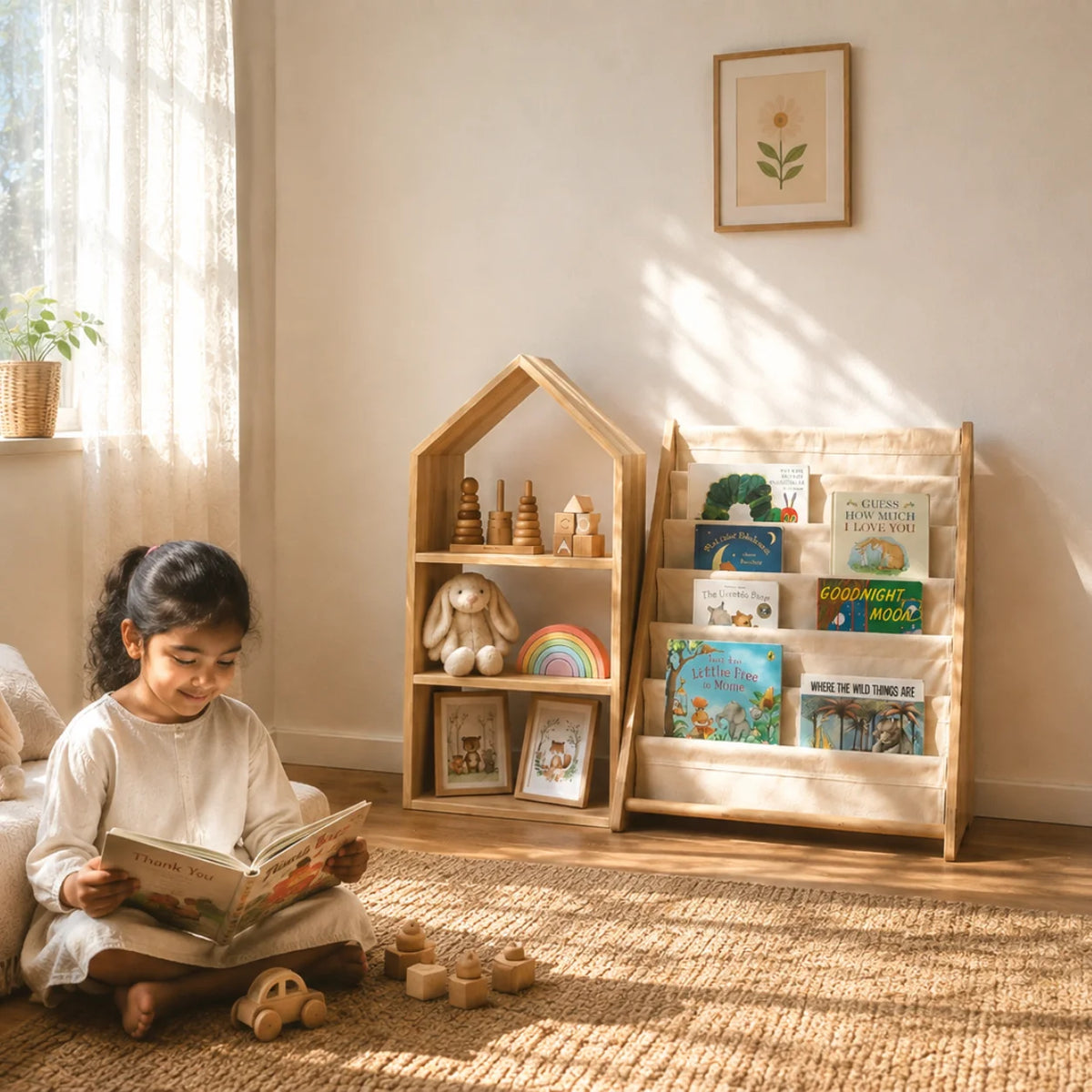 A children's wooden climbing ladder with a beige fabric webbed climbing wall, shown in a styled nursery room next to a house-shaped wooden shelf.