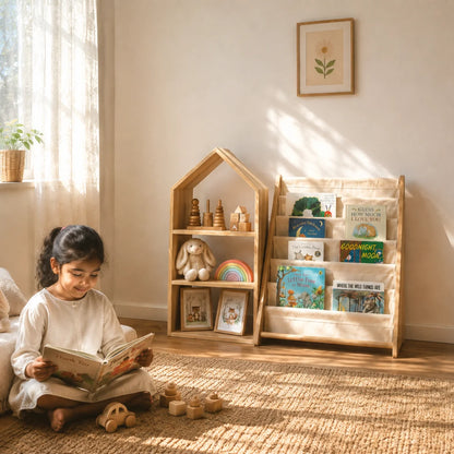 A children's wooden climbing ladder with a beige fabric webbed climbing wall, shown in a styled nursery room next to a house-shaped wooden shelf.