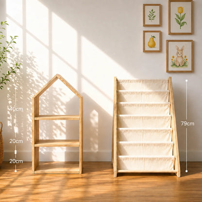 Two light wood children's furniture pieces in a sunlit room: a house-shaped shelf on the left with dimension labels showing 40cm, 20cm, and 20cm, and a fabric-covered climbing ladder on the right with a 80cm height label.