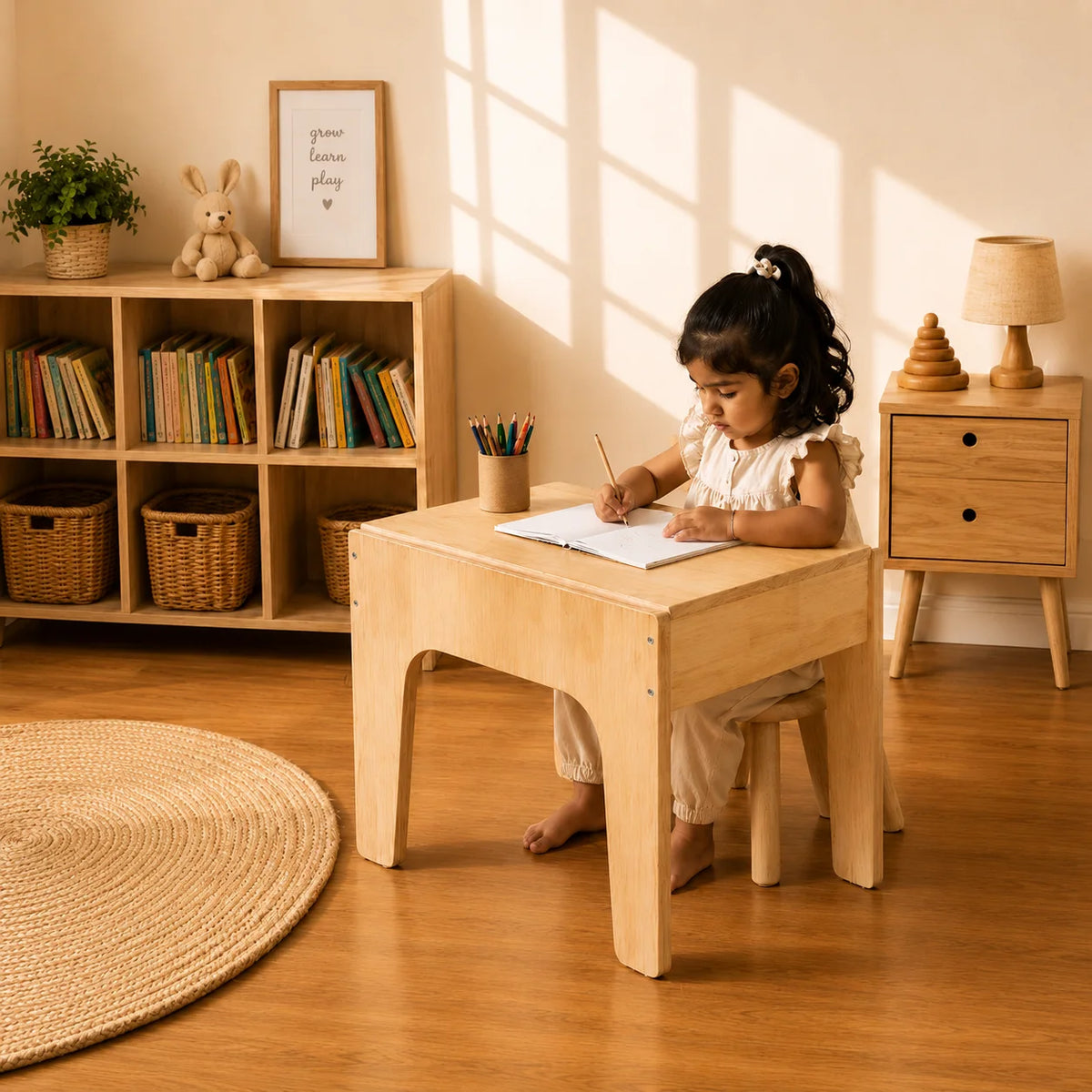 A young child sits barefoot at a small light wood writing desk, drawing on a white pad in a warm, sunlit room with wooden floors, a bookshelf, and a side table.