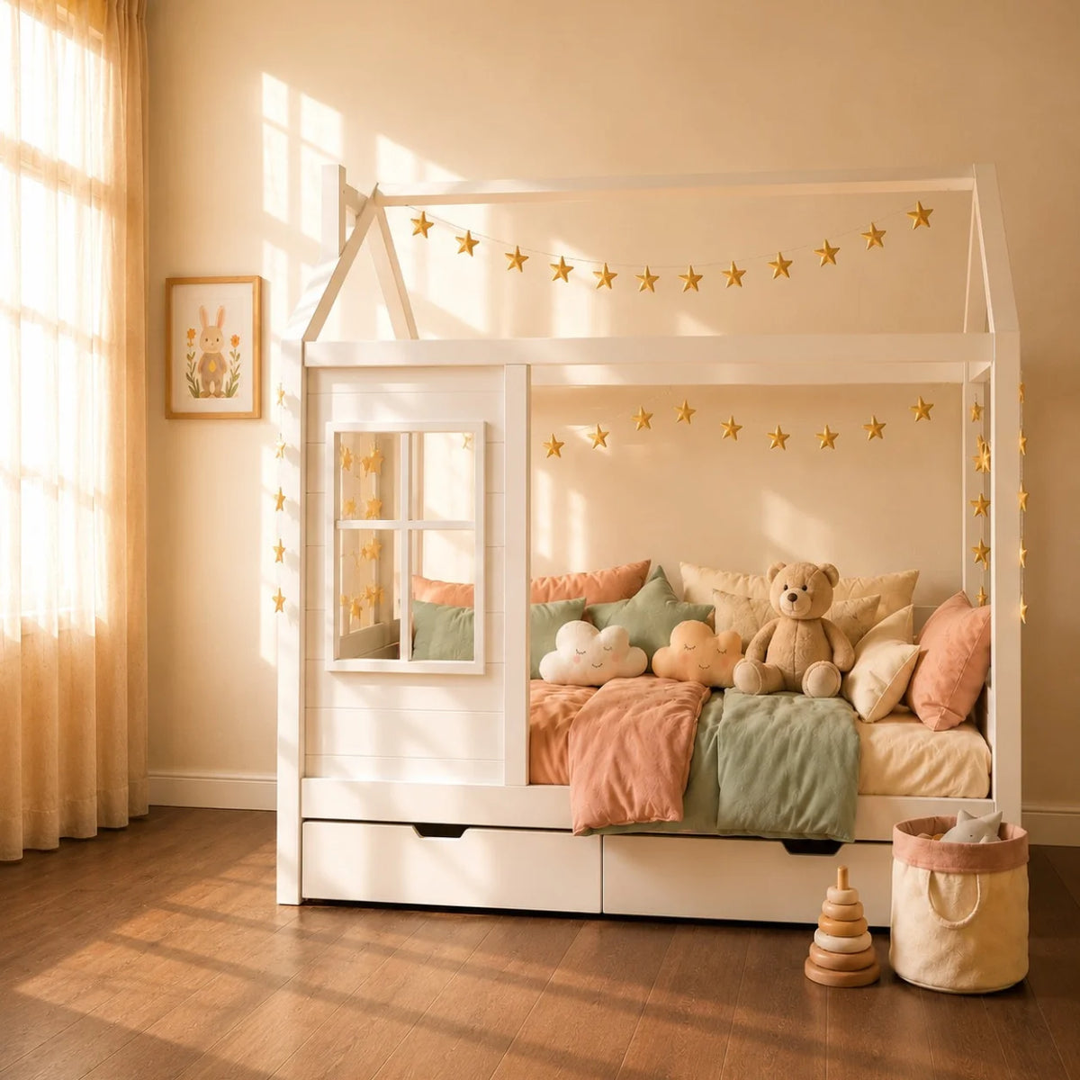 A white house-shaped children's bed with a window, dressed in pastel bedding and styled with plush toys, star garlands, and a teddy bear in a sunlit nursery.