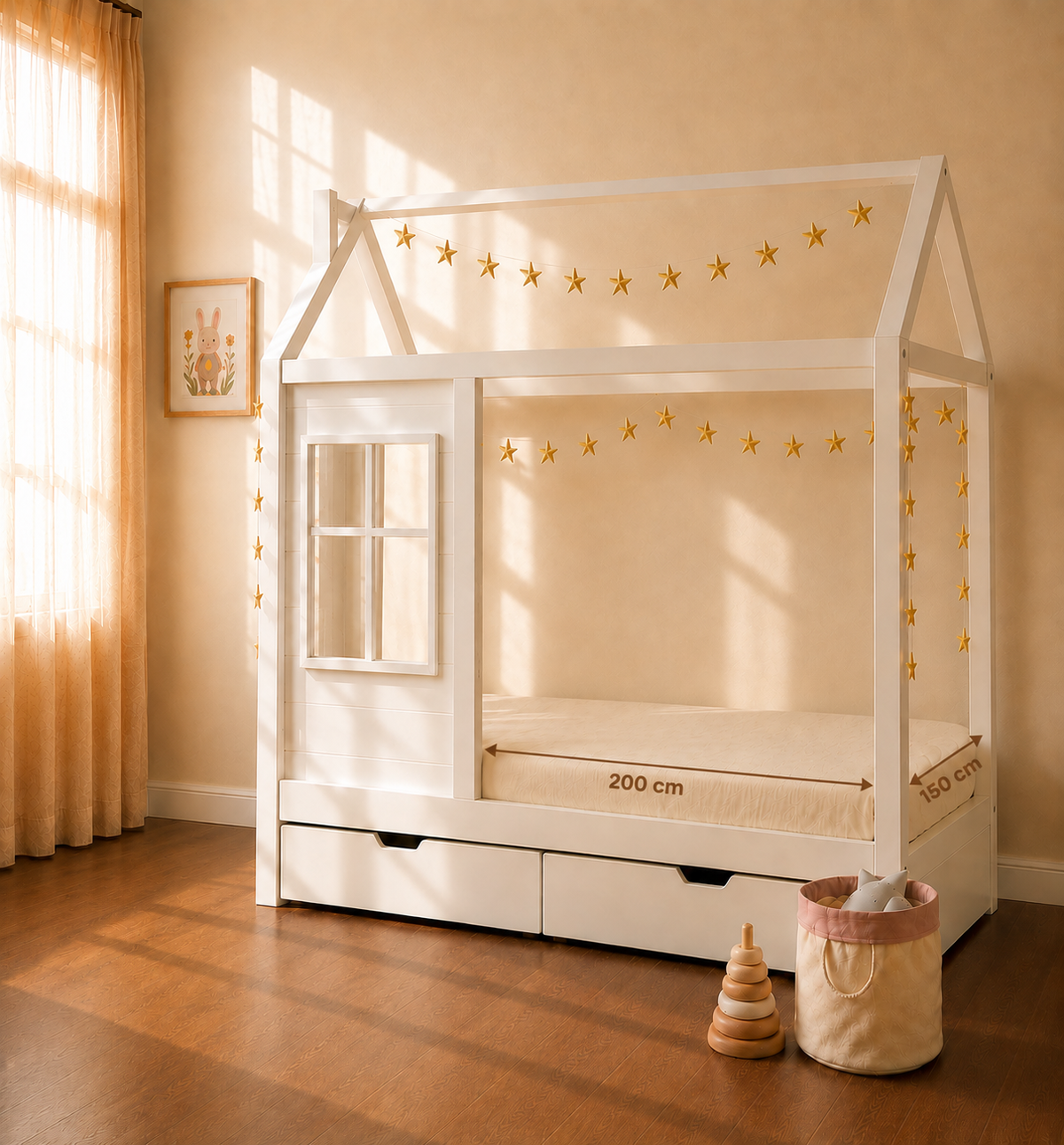 A white house-shaped children's bed with built-in drawers, a window panel, and gold star garlands, shown in a warm beige nursery with sunlight streaming through a window.