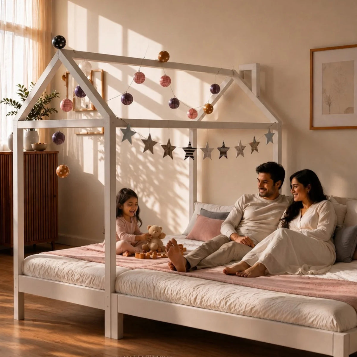 A woman and a child relax on a white house-frame canopy bed in a sunlit bedroom, reading together. The bed has pink bedding, gray pillows, and colorful hanging globe and star decorations.