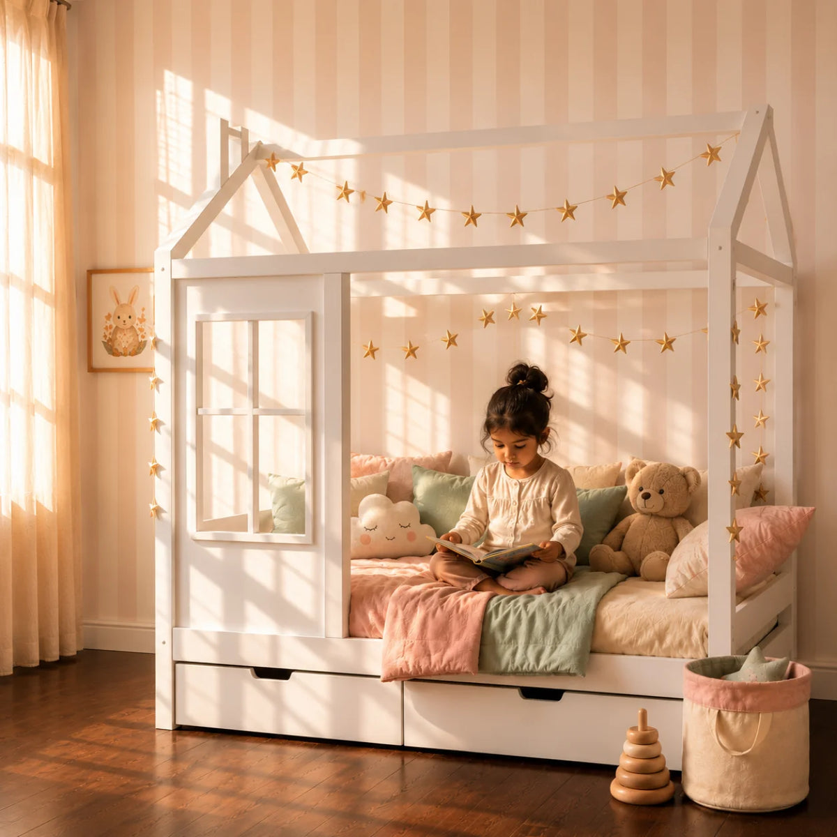 A family of three relaxes on a white house-frame bed in a warmly lit bedroom. The young girl is drawing on a large sheet of paper on the bed, with the mother and father lying beside her.