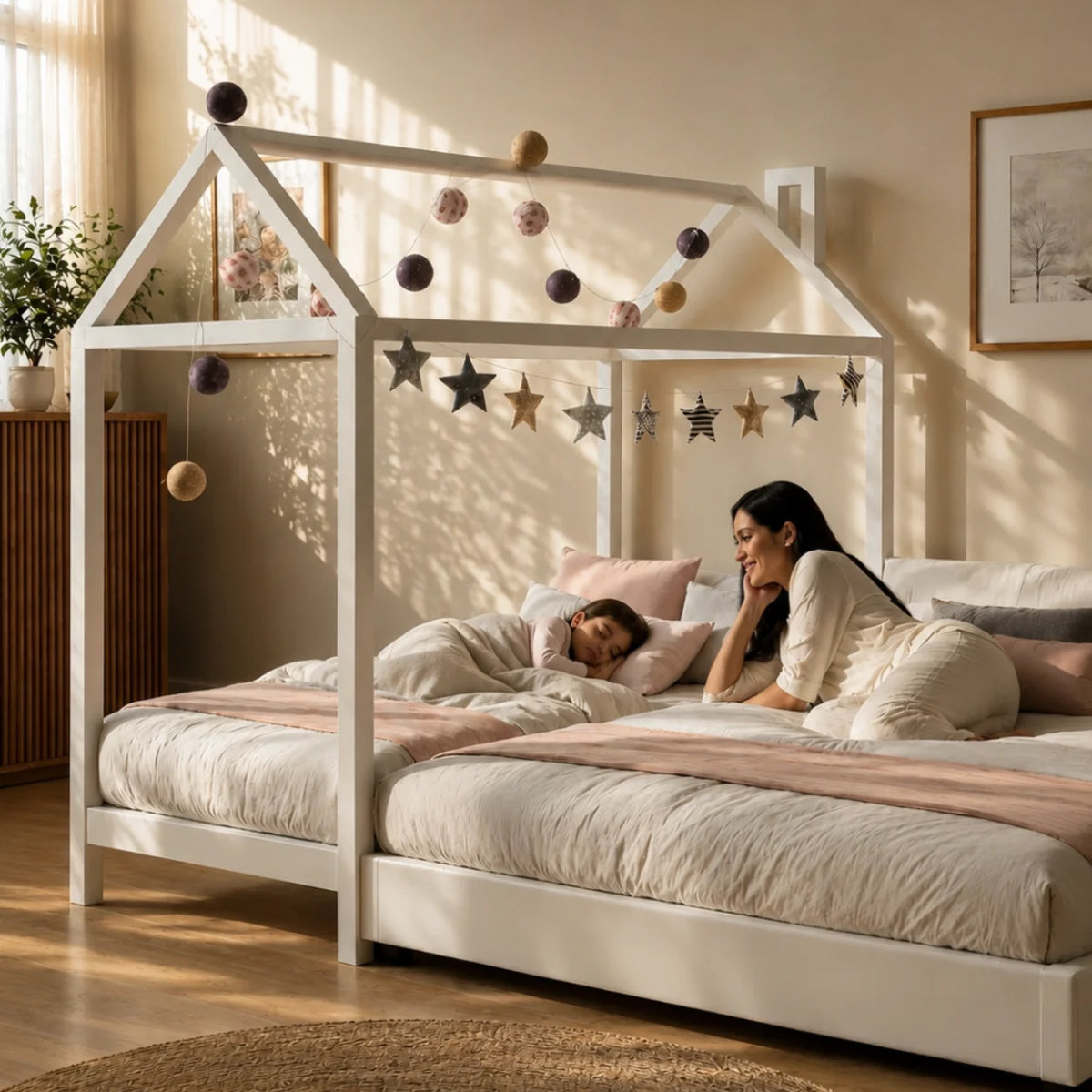 White house-shaped children's bed frame with built-in drawers, shown in a room with dimension callouts for height, width, and depth.