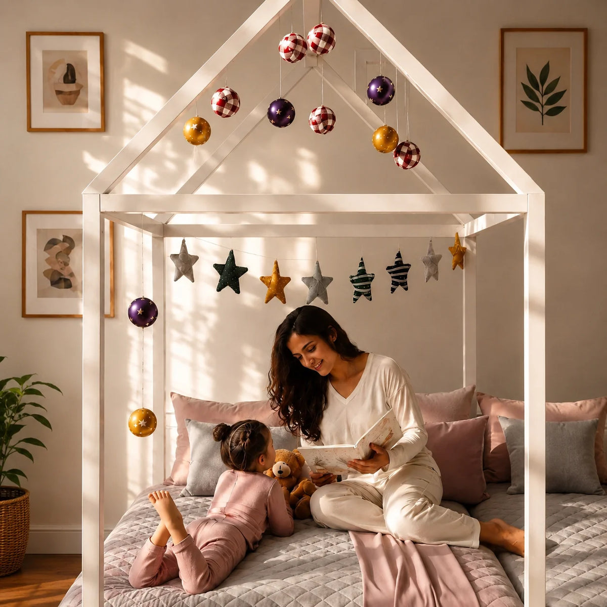 A young girl sits on a white house-shaped children's bed reading a book in a sunlit nursery. The bed has pastel pink, mint green, and cream bedding, a teddy bear, decorative star garlands, and a windowed door panel.