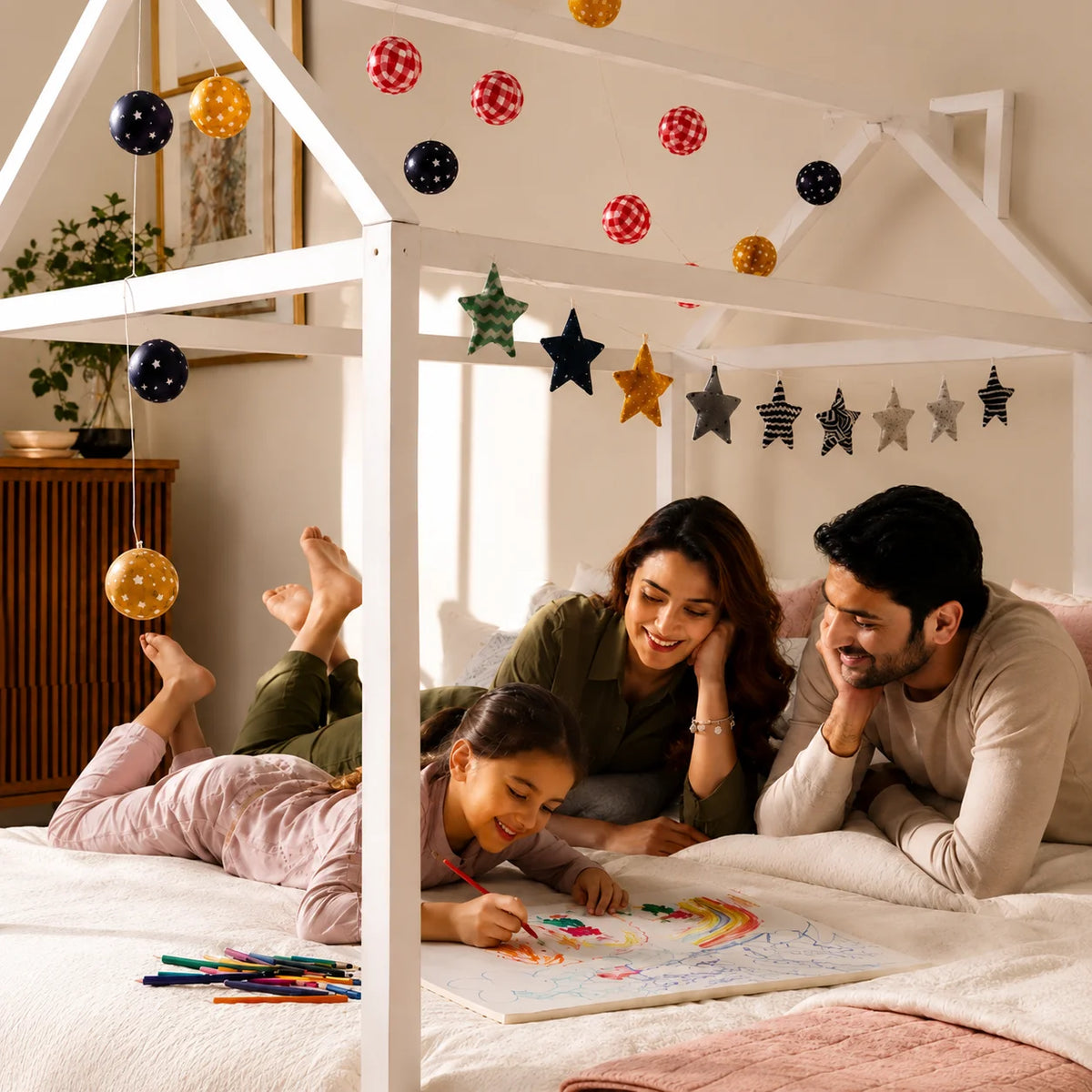 A white house-frame canopy bed in a warm, sunlit children's bedroom, with two girls lying on the bed under a string of hanging stars and pom-poms.