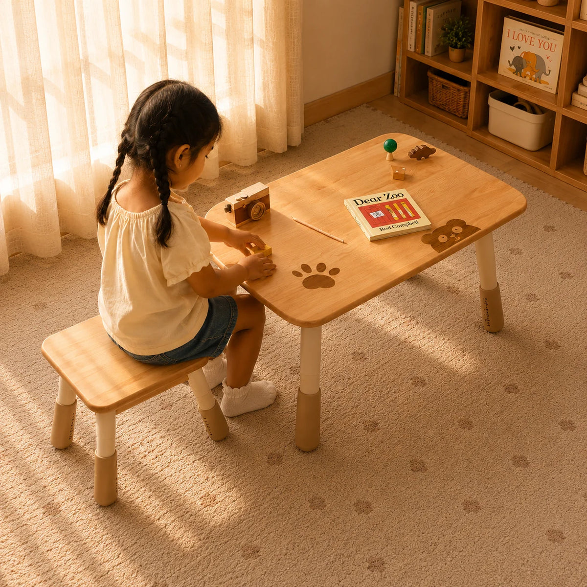 A young girl sits at a small wooden children's table with a matching bench in a warm, sunlit room. The table has a light natural wood top with darker brown printed paw prints and legs, and is styled with toys and a book.