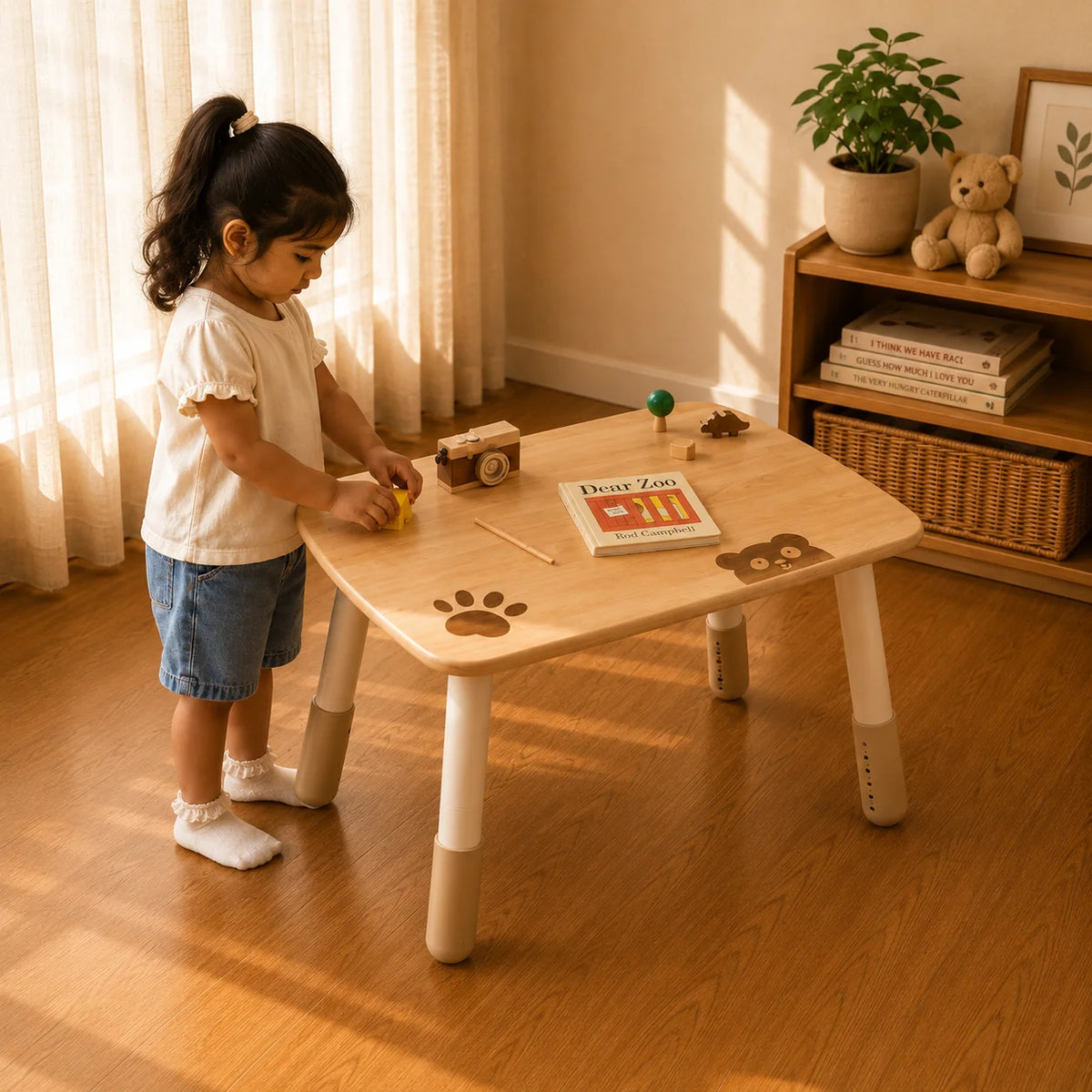 A young child stands beside a small wooden activity table in a warm, sunlit room. The table has a light natural wood top with engraved animal and paw prints, and tapered legs with darker wood caps.
