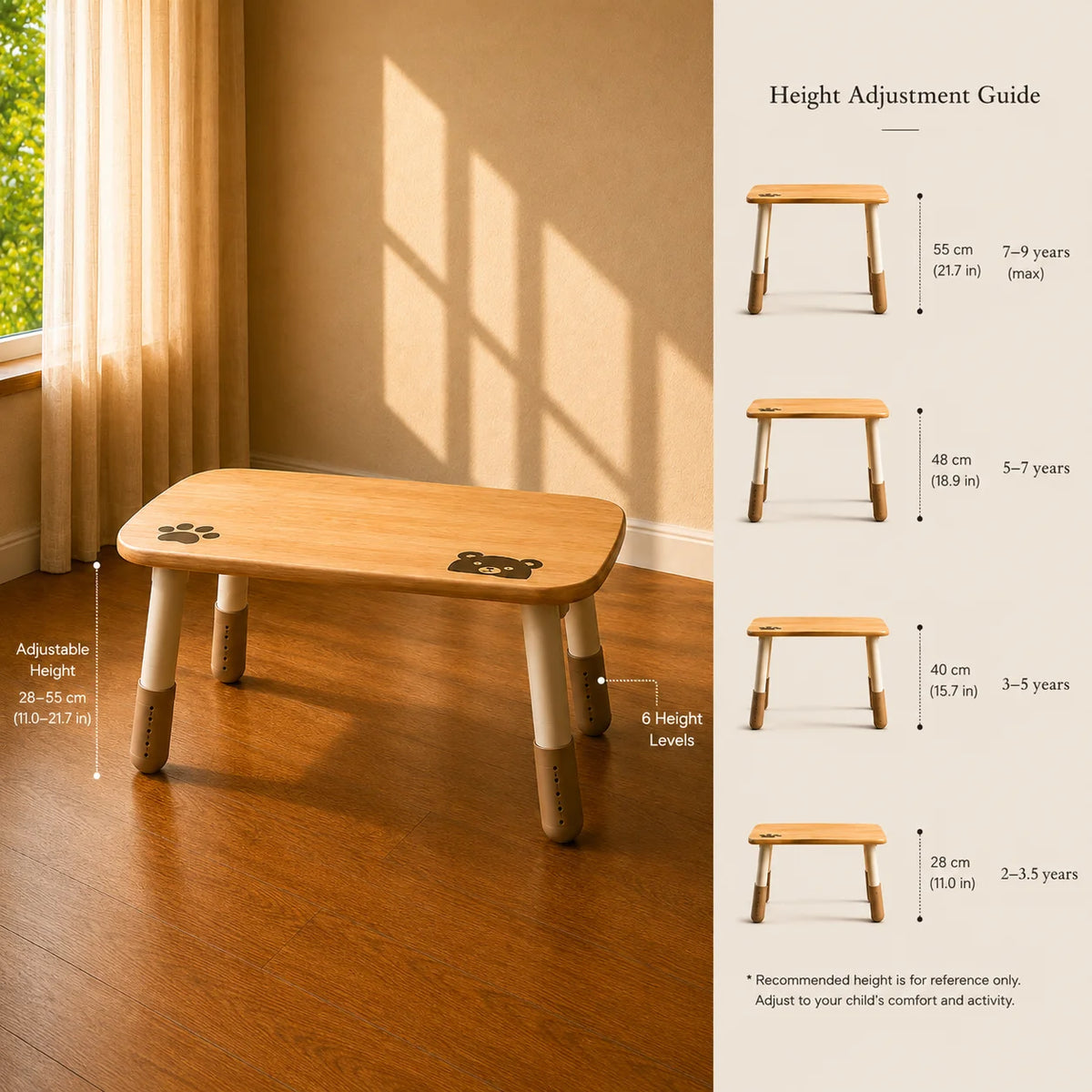 Adjustable wooden children's table with height guide text on the right, shown in a sunlit room with wood flooring and curtains. The table has a light natural wood top, dark metal corner brackets, and light wood legs with height markings.