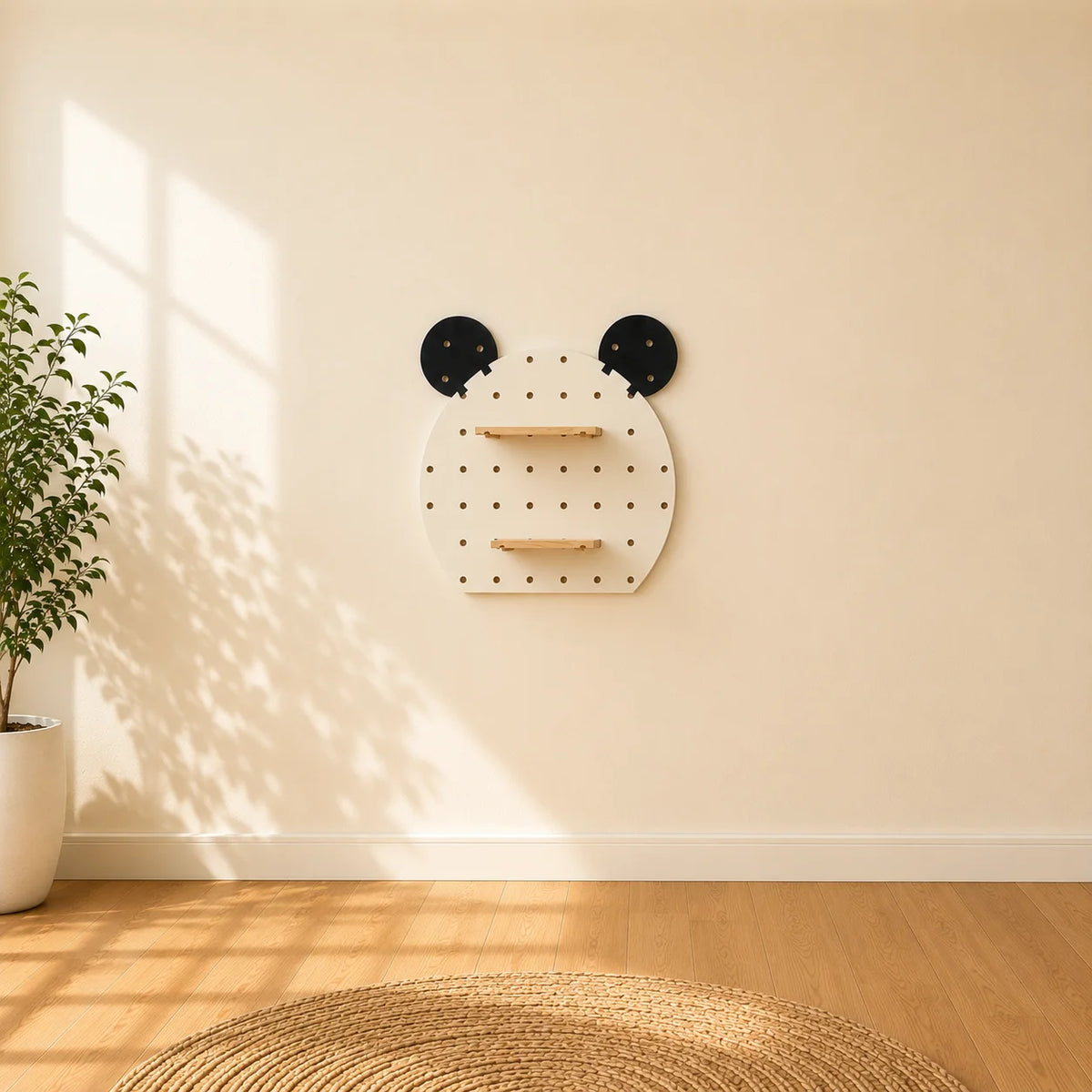 A wall-mounted wooden shelf unit with two black circular pegs at the top resembling ears, mounted on a beige wall in a sunlit room with a plant and wood floor visible.