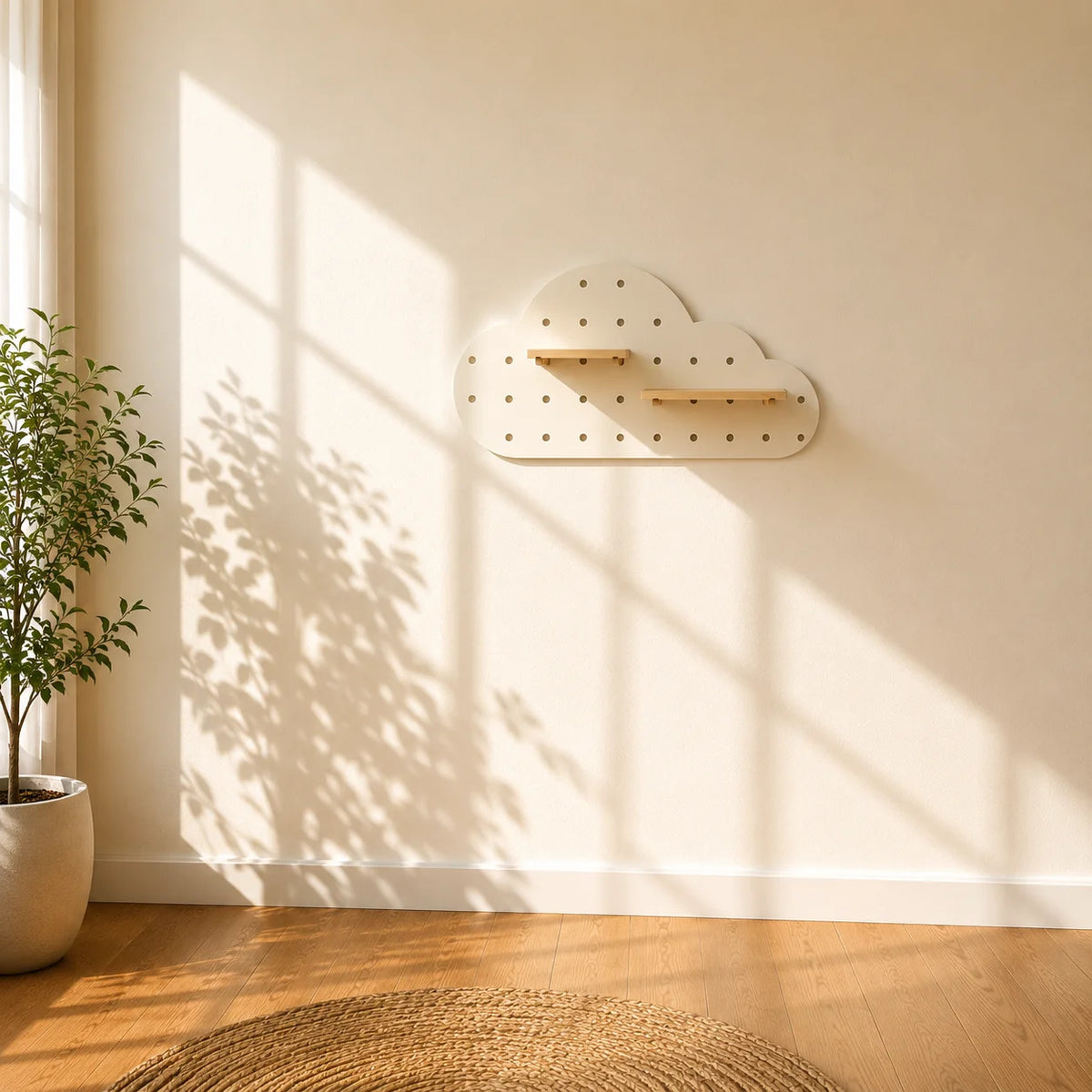A young child in a cream dress kneels on a round rug in a sunlit nursery, interacting with a white bear-shaped pegboard organizer mounted on the wall. The room features warm beige walls, a wooden toy shelf, a plush chair, and soft natural light streaming through a window.